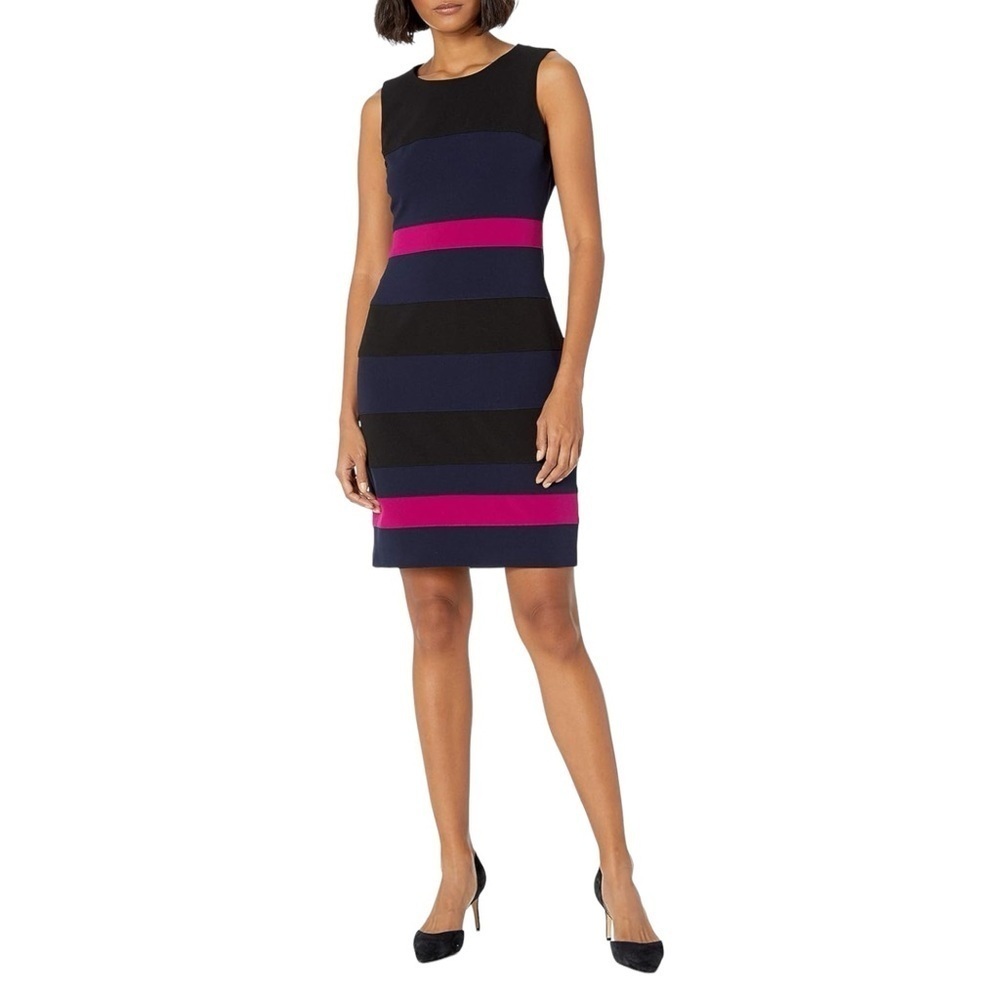 Tommy Hilfiger Striped Colourblock Scuba Sleeveless Midi Sheath Dress